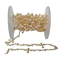 5 Feet Long gem Fresh Water Pearl 3mm rondelle Shape Smooth Cut Beads Wire Wrapped Gold Plated Rosary Chain for Jewelry Making/DIY Jewelry Crafts CHIK-ROS-CH-55831