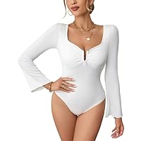 Blooming Jelly Womens Ribbed Bodysuit Long Sleeve Square Neck Sexy Body Suits Bell Sleeve U Wire Casual Shirts
