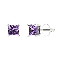 1.50 ct Brilliant Princess Cut Solitaire Simulated Alexandrite Pair of Stud Everyday Earrings 18K White Gold Screw Back