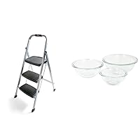 Rubbermaid RM-3W 3-Step Stool Ladder, Silver & Pyrex Smart Essentials 3-Piece Prepware Mixing Bowl Set, 1-Qt, 1.5-Qt ,and 2.5-Qt Glass Mixing Bowls, Dishwasher, Microwave and Freezer Safe