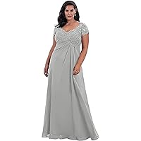 Women's Long Mother of The Bride Dresses V Neck Empire Waist Evening Dress Short Sleeves Beaded Formal Party Gowns