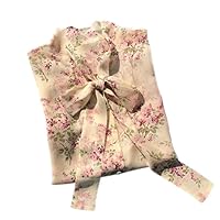 Gioventu Women's Floral Print Silk Shirt, Ribbon Bow Tied Fresh and Elegant Romantic Pink Long Sleeve Blouse Tops