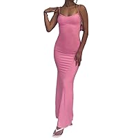 Women's Summer Solid Backless Cami Dress, Bodycon U-Neck Spaghetti Strap Maxi Dress for Evening Party Nightclub Outfits