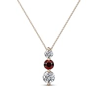 Round Red Garnet Natural Diamond 3/4 ctw Graduated Three Stone Drop Pendant. Included 16 Inches Chain 14K Gold