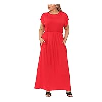 Ladies 2 Side Pockets Short Sleeve Maxi Dress Womens Oversize Scoop Neck Maxi Dress