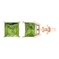 3.0 ct Princess Cut Solitaire Real Green Peridot Pair of Stud Everyday Earrings Solid 18K Pink Rose Gold Butterfly Push Back
