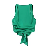 Women with Bow Solid Pleated Backless Cropped Tank Tops Vintage O-Neck Sleeveless Female Lady Tops
