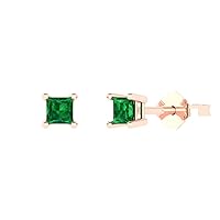 0.50 ct Princess Cut Solitaire Simulated Emerald Pair of Stud Everyday Earrings Solid 18K Pink Rose Gold Butterfly Push Back