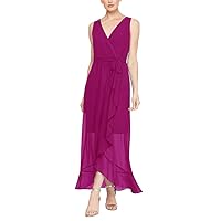 S.L. Fashions Women's Sleeveless Chiffon V-Neck Wrap Dress with Cascade Ruffle