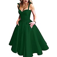 Women's Tea Length Sweetheart Spaghetti Strap Evening Dress Satin with Pockets A Line Prom Dress Dark Green