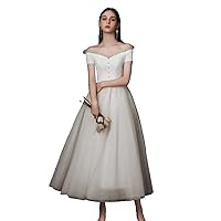 Ivory A Line Simple Beach Wedding Dress Tea-Length Bridal Dress