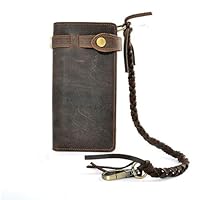 Vintage Men Long Chain Trucker Wallet Leather Biker Card Holder Checkbook Purse, brown