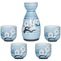 Japanese Style 5 Pieces Sake Set, Ceramic Wine Glass, Hand-Painted Plum Blossom Sake Pot, One Pot of Four Cups, Best Gift for Family and Friends Sake Set for Gift 2123