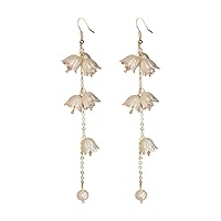 Long Shell Pearl Bell Flower Dangle Earrings for Women Girls Hypoallergenic Gold Plated White Tulip Flowers Tassel Chain Drop Dangling Hook Stud Cute Wedding Birthday Hawaii Party Christmas Jewelry Gifts