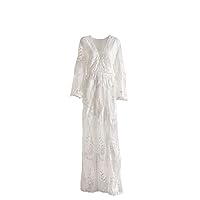 HAN HONG Summer Women Maxi Dress Loose Embroidery White Lace Long Tunic Beach Dress Vacation Holiday Women Clothing