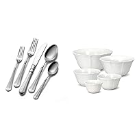 Mikasa French Countryside 65-Piece 18/10 Stainless Steel Flatware Serving Utensil Set, Service for 12 and Mikasa French Countryside Stackable Bowls, Set of 5, White