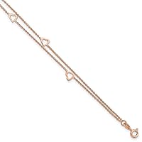 Sterling Silver Rose-tone Polished Heart 9in w/1in Anklet