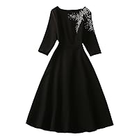 Diamonds Black Party Dress Women Elegant Designer Three Quarter Sleeve Aline Casual Dresses Spring