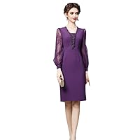 Elegant Beading Purple Formal Occasion Party Dresses for Women Ladies Lace Long Sleeve Dresses Robes
