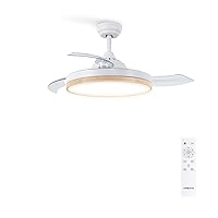 CREATE Windclear Ceiling Fan White and Natural Wood with Lighting and Remote Control 6 Speeds Summer Winter Operation Retractable Blades Programmable 40 W Diameter 108 cm