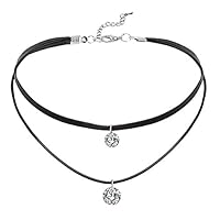 Daesar Women Choker Necklace Rope Leather 2 Round Zirconia Necklace Black Silver Chains 34.5 + 6.5cm