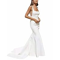 Simple Long V-Neck Mermaid Wedding Dresses Satin Open Back Birdal Gowns for Women