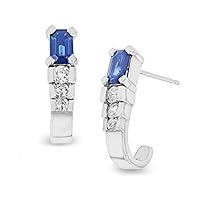0.50 CT Emerald Cut Blue Sapphire & Diamond Semi Hoop Earrings 14k White Gold Finish