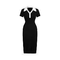 GORGLITTER Women's Color Block Button Down Bodycon Midi Dress Collar Short Sleeve T Shirt Dresses