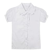 iiniim Girls' White Short Puff Sleeve Button-Down Shirt Blouse School Uniforms