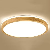 LED Ceiling Lights Wood Art Modern Flush Mount Lighting Fixture,Round Shaped Wood Remote Control Ceiling Lighting,3 Color Temperature Dimmable Close to Ceiling Light Fixtures