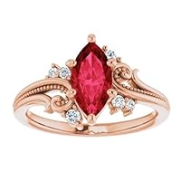 Vintage Floral 1 CT Marquise Ruby Ring 14k Rose Gold, Nature Inspired Red Ruby Engagement Ring, Filigree Ruby Diamond Ring July Birthstone Ring
