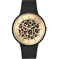 Women Wristwatch | Water Resistant Quartz Watch w/ 36mm Leopard Print Face | Mineral Glass, Stainless Steel Back, Brushed Gold Features | Adjustable Matte Black Silicone Strap