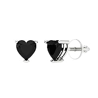 1.44cttw Heart Cut Solitaire Genuine Natural Onyx Unisex Pair of Designer Stud Earrings Solid 14k White Gold Screw Back
