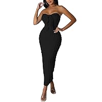 WUSENST Womens Strapless Maxi Dress Tube Top Bodycon Long Dresses Hollow Out Knot Front Party Sundress