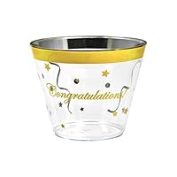 Congratulations Gold Rim Plastic Cups. 100 pack/9 oz, clear golden rimmed cup for cocktails, wine and water. Fancy disposable tumblers for parties, weddings, and special celebrations.