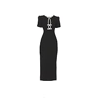 Women's Black Crepe Diamante Midi Dress