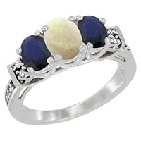 14K White Gold Natural Opal & Blue Sapphire Ring 3-Stone Oval Diamond Accent