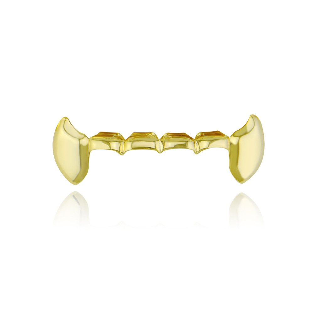 Retzjorv 18K Gold Plated Hip Hop Teeth Grillz Caps 2pc Single Fangs and 6 Bottom Grillz Set for Your Teeth Grills for Men Women Rapper Accessory