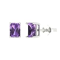 2.0 ct Emerald Cut Solitaire Simulated Alexandrite Pair of Stud Everyday Earrings Solid 18K White Gold Butterfly Push Back