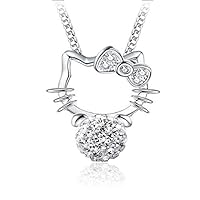 Cute Real 925 Sterling Silver Cat Pendant Necklace Rhinestone Ball Pendant