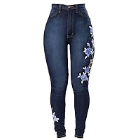 Andongnywell Women Embroidered Pencil Jeans Rose Embroidery High Waist Denim Pants Flower Slim Skinny Trousers