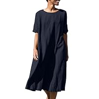 Women's Cotton Linen Dress Casual Midi Loose Dresses Round Neck Solid Roll Up Short Sleeve Flowy Baggy Comfy Dress