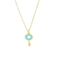 14k Yellow Gold .05tcw Diamond Light Blue key Paper Clip Necklace 22 Inch Jewelry Gifts for Women
