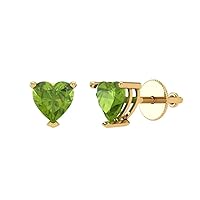 0.94cttw Heart Cut Solitaire Genuine Natural Pure Green Peridot Unisex pair of Stud Earrings 14k Yellow Gold Screw Back