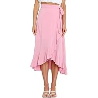 IDOPIP Women Irregular High-Low Hem Wrap Skirt Elegant High Waist Tie Side Midi Skirt Casual Summer Beach Ruffle A-line Skirt