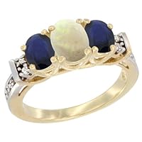 14K Yellow Gold Natural Opal & Blue Sapphire Ring 3-Stone Oval Diamond Accent