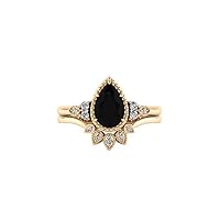Generic Pear Shaped 1.00 CT Black Onyx Art Deco Engagement Ring Set Yellow Gold Antique Black Stone Wedding Ring for Women Silver Solitaire Bridal Promise Ring