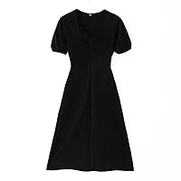 Women's Workwear Short Sleeve Black Mid Length Dress Vintage Pleated Square Neck Casual Cocktail Dress