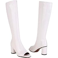 LEHOOR Women Chunky High Heel Knee High Boots Square Open Toe Sock Boots Zipper 3
