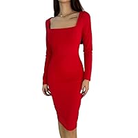 Red Square Neck Knee-Lenght Long Sleeve Pencil Dress